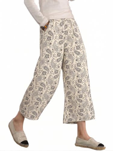 Image of ECUPPER Womens Cotton Cropped Pants Loose Fit Wide Leg Trousers | Casual, Plus Size, Elastic Waist, Capri, 100% Cotton, Slant Pockets, High Rise Waist, Lounge Pants