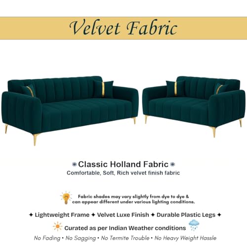 Image of FURNY Harmony 5 Seater Fabric 3+2 Sofa Set (Greenish Teal) with Golden Finish Legs | Premium Velvet Finish | Durable & Comfortable | Ideal for Living Room