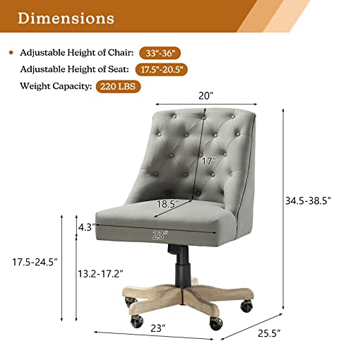 Modern Tufted Armless Home Office Chair, Comfy Upholstered Desk Chair With Mid-Back, Height Adjustable Swivel Computer Task Chair (Vintage Wood Base, Grey) #TOP1