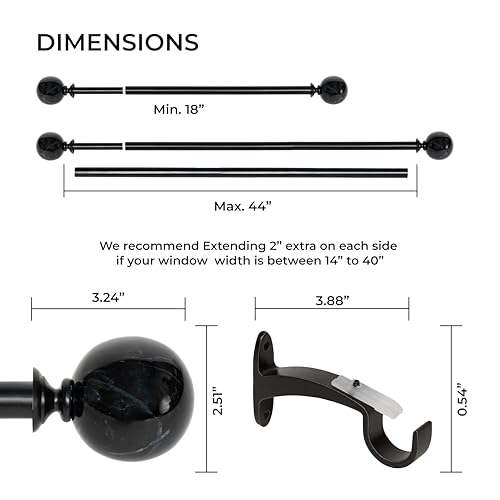 Image of Deco Window 18 inch-44 inch Adjustable Rustproof Curtain Rod for Doors & Windows with Brackets, Extendable Iron Metal Pipe Holder with Marble Ball Finials (Black,19MM Diameter)