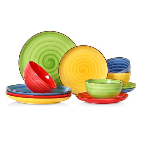 Image of Selamica Ceramic Plates and Bowls Sets,12 Pieces Dinnerware Sets for 4,Scratch Resistant Dish Set,Dishwasher & Microwave Safe, Dopamine