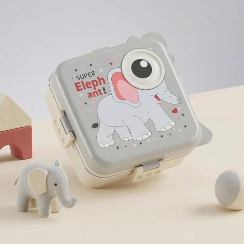 Image of TEKCOOL Kids Tiffin Box for School, 3 Compartments Insulated Stainless Steel Lunch Box, Leak Proof Bento Box with Spoon, BPA Free Food Grade Meal Box, 1120ml + 70ml (Grey, Super Elephant);