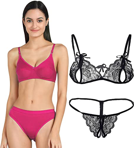 Image of PIBU-Net Bra Panty Set Lingerie Set Full Coverage Non-Padded Non-Wired Honeymoon Set(Pack of 2)(Color -Pink,Black) Model No:174