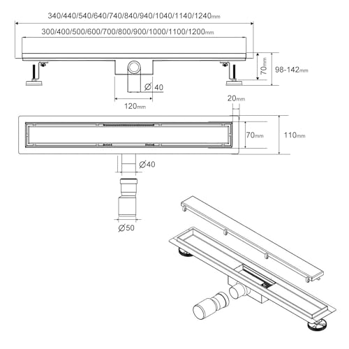 SaniteModar 40 cm Linear Shower Drain, 2-in-1 Tile Insert Panel Shower Drain with Siphon - Image 3