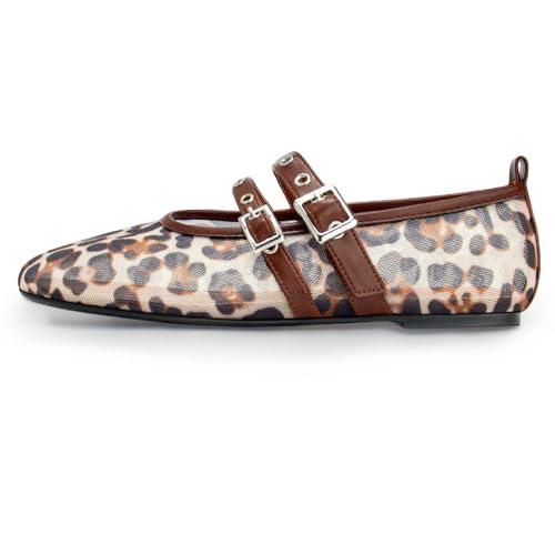 Image of Gothictor Women's Mesh Ballet Flats Round Toe Leopard Mary Jane Shoes Women | Cushioned Comfort, Easy to Style, Buckle Strap, Cheetah Print, Ballerina, Breathable, Lightweight, Dressy Casual, Non-Slip