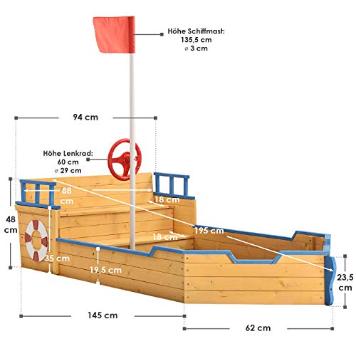 Juskys Sandkasten Käpt'n Pit - Piratenschiff Boot aus Holz - große Kinder Sandkiste für Garten mit Bodenplane, Dach & Sitzbank - Outdoor Sandbox – Bild 3
