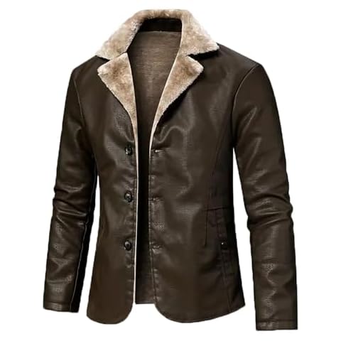 INVACHI Men's Faux Leather Fur Collar Mid-Length Jacket Padded Lining Winter Warm Lapel Trench Coat Cover
