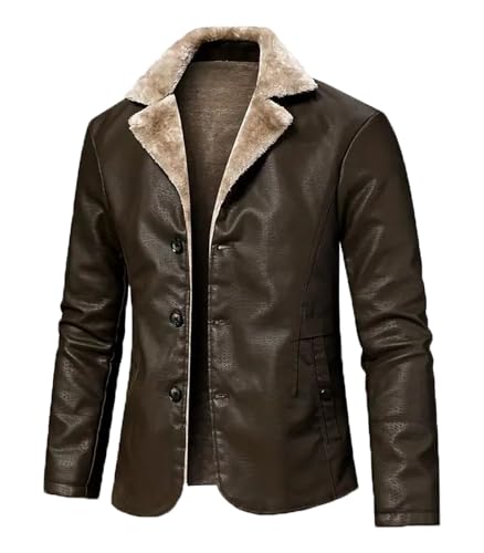 INVACHI Leather Jacket Men Faux Leather Fur Collar Mid-Length Jacket Padded Lining Winter Warm Lapel Trench Coat