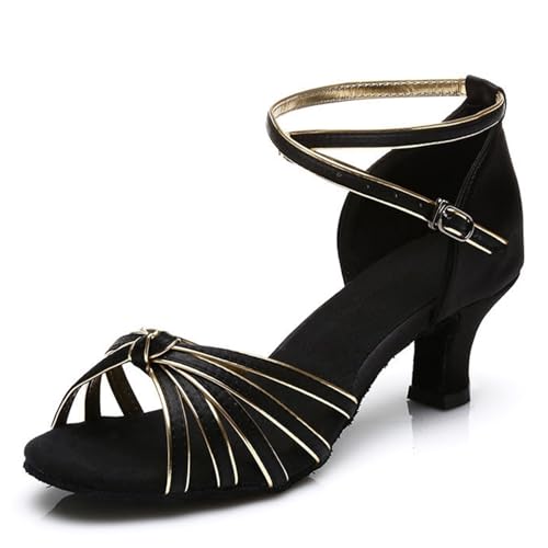 Hixingo Zapatos de Baile Latino Mujer Brillo 5CM, Zapatos Salsa Mujer Tacón Cubano Práctica Profesional para Salsa Tango y Bachata, Fiesta Carnaval (8028 Negro Dorado,38)