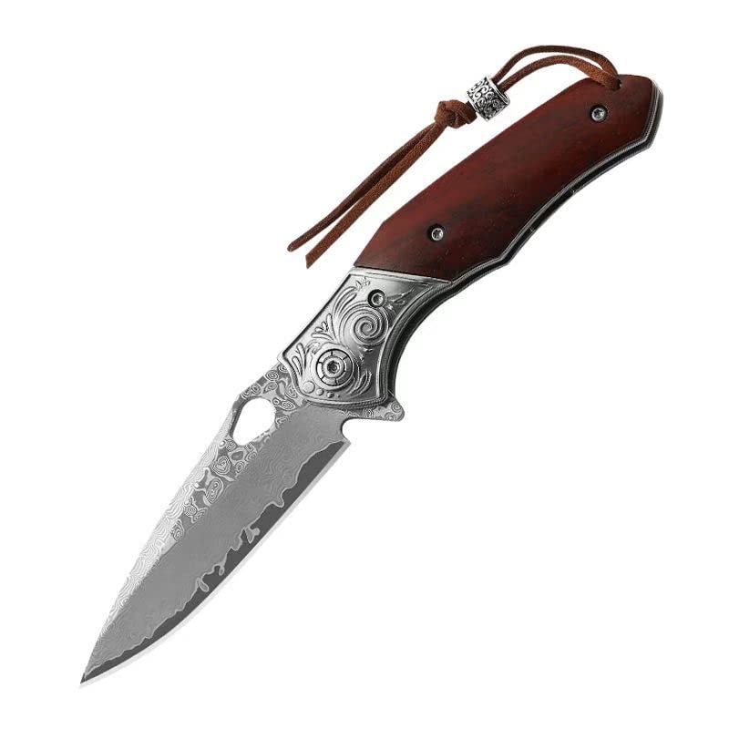 Couteau pliant Damas forgé main avec manche en bois et motif bloster exclusif