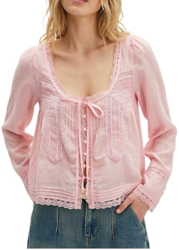 Image of Women Summer Sheer Tie Front Top Y2k Peplum Chiffon Blouse Eyelet Long Sleeve Flowy Lace Beach Cover Up Boho Tops