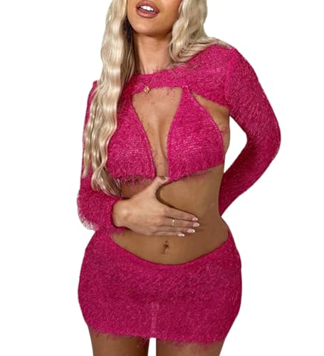 Women's Feather Tassels Crop Top Tank Bra with Straps Halter Backless Bikini Mini Bodycon Skirt 3 Piece Set Shorts Bodysuit Rose Red