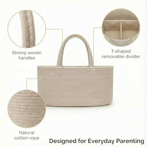 Image of luxury little Diaper Caddy Organizer, Large Cotton Rope Nursery Baby Basket, Changing Table Organizer for Baby Diaper Storage, Portable Car Organizer Removable Divider (Oatmeal, Large)