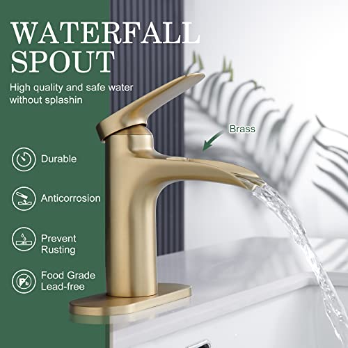 Gold Bathroom Faucets, Single Hole Bathroom Faucets Brushed Gold, Waterfall Faucet For Bathroom Sink Brass Bathroom Faucet With Pop Up Drain Rv Faucet Yardmonet #TOP1