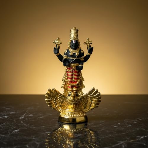 Image of Gold Plated Lord Balaji on Garuda Idol | Tirupati Venkateshwara Murti for Pooja, Home & Office | Spiritual Hindu Idol for Devotion & Blessings | Size: 7.5 x 6 x 12.5 cm