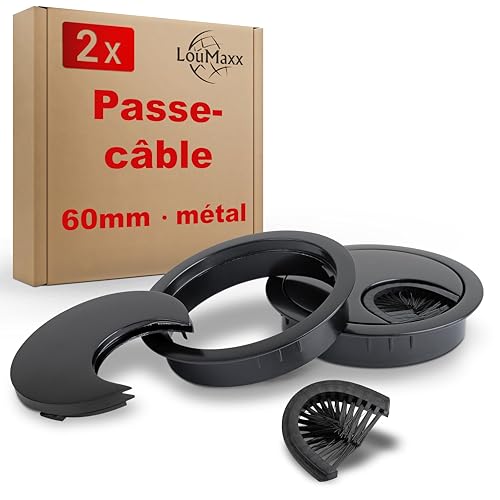 LouMaxx Passe-câbles Ø 60 mm - Lot de 2 Passe-câbles Bureau en Métal Noir Mat, avec Joint Anti-poussière - pour Plus d'Ordre et Propreté sur Le Poste de...