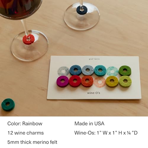 Graf Lantz - Wine-O\'s Merino Wool Wine Glass Charms (Rainbow) 12 Count - Drink Markers with Note Card - Reusable - 12 Colors - Boho Style - Home Decor, Party Favors & Vacation Essentials - 5mm Felt