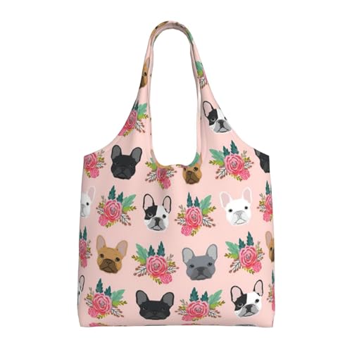 ASFgda Borsa tote in tela con stampa di bulldog francese e fiori, borsa per la spesa riutilizzabile, borsa a tracolla di grande capacità per uso quotidiano, viaggi, spiaggia