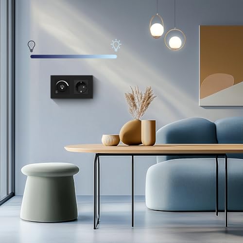 MVAVA Lichtschalter Dimmbar 1 Fach 1 Weg Dimmschalter mit Steckdose Unterputz Lichtschalter 86mm*86mm für Dimmbare LED-Leuchten, Glühlampen Kunststoff Schwarz