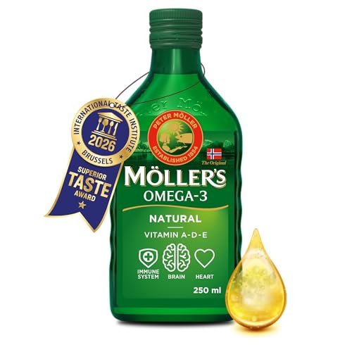 Möller's Omega 3 Lebertran | Nahrungsergänzung mit EPA, DHA, Vit A, D und E | Hochreiner natürlicher | 165 Jahre alte Marke | Superior Taste Award | Neutraler Geschmack | 250 ML