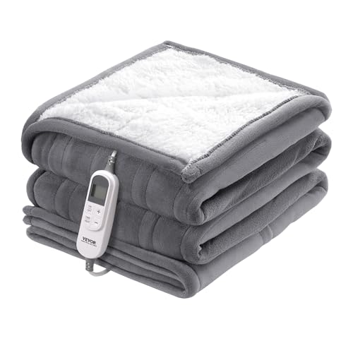 VEVOR Coperta Riscaldata Queen, 180 x 200 cm, Morbida Flanella di Lana d'Agnello, Coperta con 9 Impostazioni di Tempo 6 Impostazioni di Calore, Coperta Calda Spegnimento Automatico Dopo 8 Ore Grigio