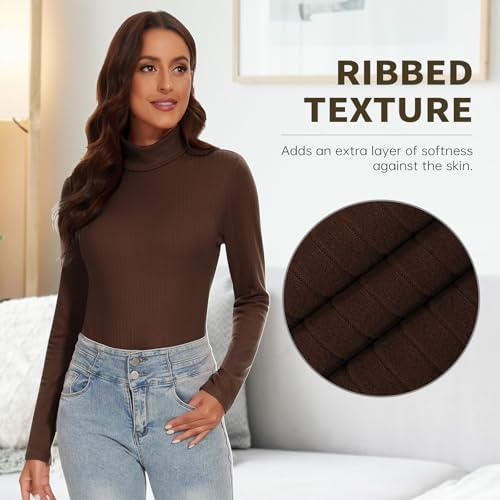 WOWENY Thermo Rollkragenpullover Damen Gerippt Warm Rollkragenshirt Langarmshirt mit Stehkragen Elegant Rolli Ribbed Langarm(Braun, L)