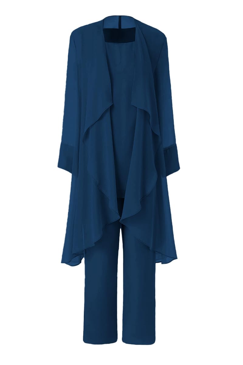 Women's Mother of The Bride Pant Suits 3 Pieces Chiffon Outfit Sets for Wedding Pant Suit with Jacket Navy
