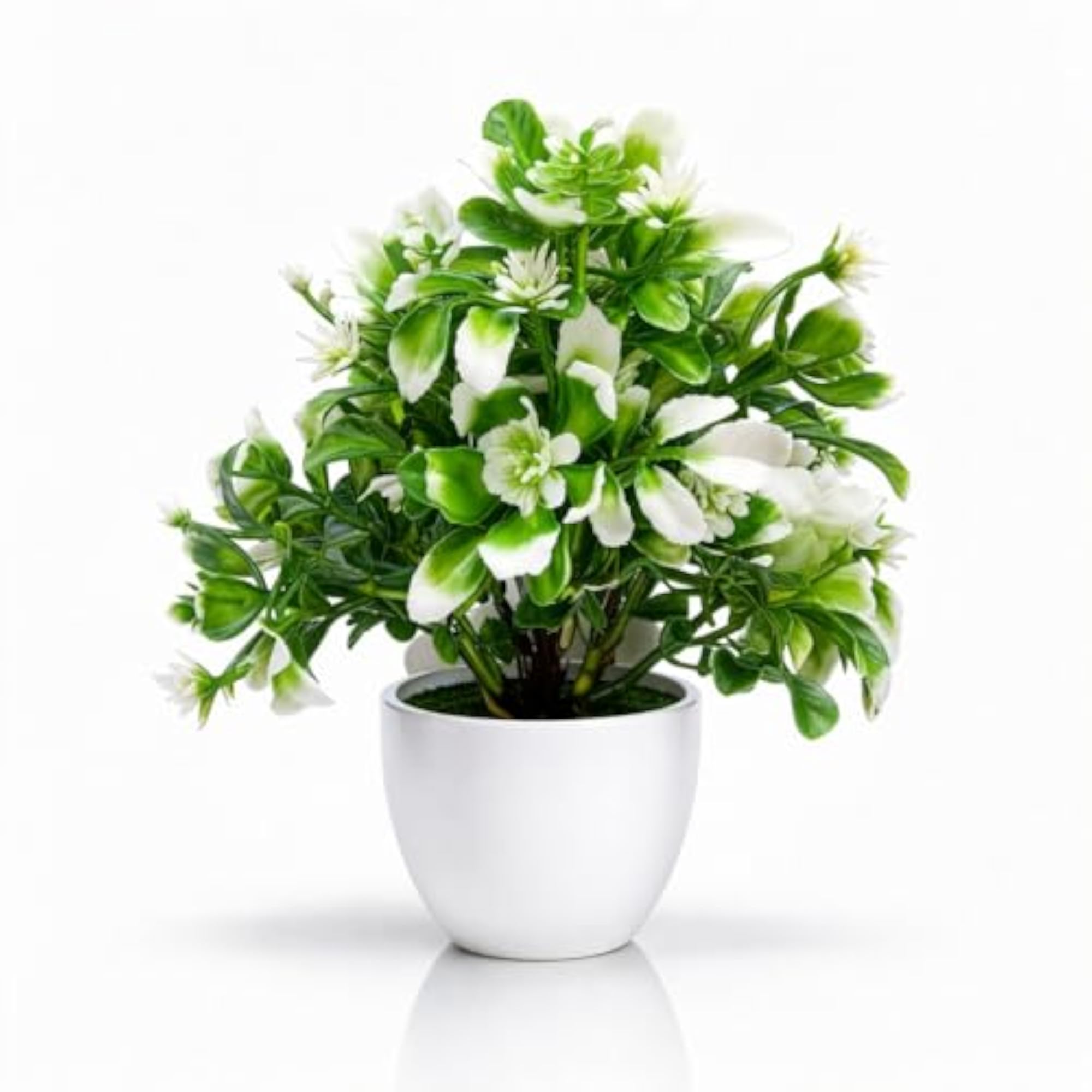 Artificial Green and White Leafy Plant with Pot for Home Decor