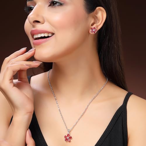 Image of ZENEME Rhodium Plated Silver Toned American Diamond Studded Floral Shaped Pendant Chain With Earrings Jewellery Set For Women And Girls