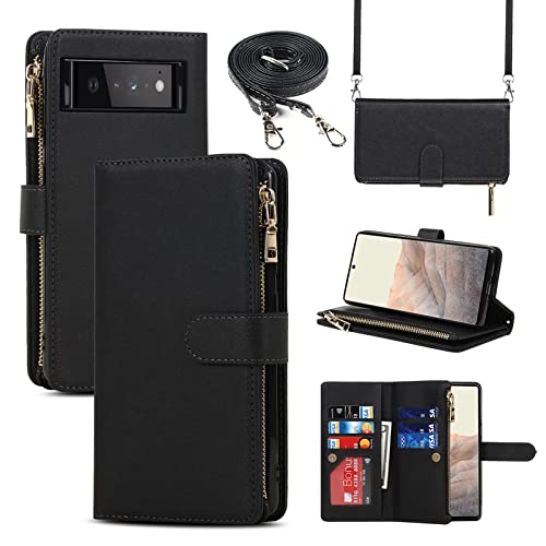Jaorty Google Pixel 6 Phone Case Wallet For Women Men With Crossbody Strap Lanyard,Google Pixel 6 Wallet Case With Card Holer,Zipper Pocket Pu Leather Phone Case For Pixel 6, 6.4 Inch, Black #TOP11