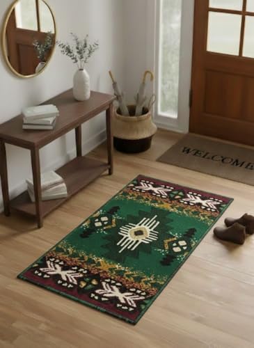YHSF South West Native American Area Rug C318 - Easy Clean, Thick, Soft, Durable Native Tribal American Indian Inspired Rug for Bedroom/Living Room and More - Hunter Green, 16 Inches x 28 Inches