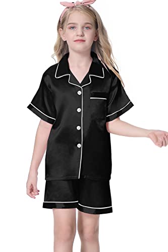 Image of Umeyda Women & Girls Pajamas Set, Soft Satin Lightweight Silk Button-Down Top with Shorts 2 Piece PJS for Mom Boys Kids Gifts