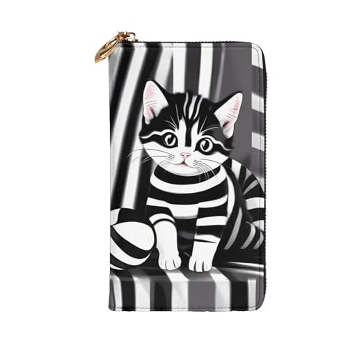 Black and white striped kitten Leather Long Wallet, 12 Credit Card Slots, 3 Cash Slots, Coin Compartment, Unisex2