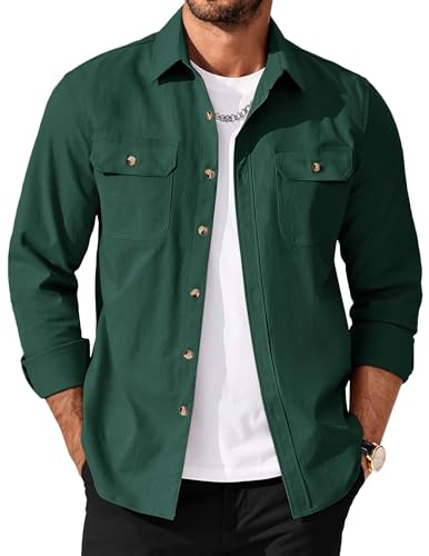 COOFANDY Christmas Jacket for Men Casual Button Up Shirts Long Sleeve Work Shirts with Pockets Green