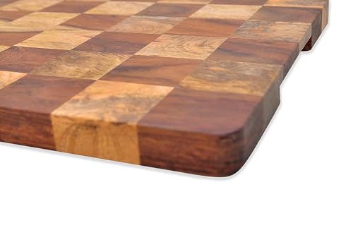 Image of Acacia & Mango Wood End Grain Chopping Board 40x30x2.5 cm | Butcher Block | Reversible Cutting & Serving Platter | Chess Board Design