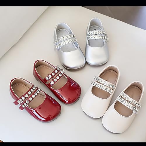 Girls Paten𝐭 Leather Flat𝐬 Toddler Mary Jane Dress Shoes with Pearl Strap Wedding Part𝐲 School Uniform Shoes 5