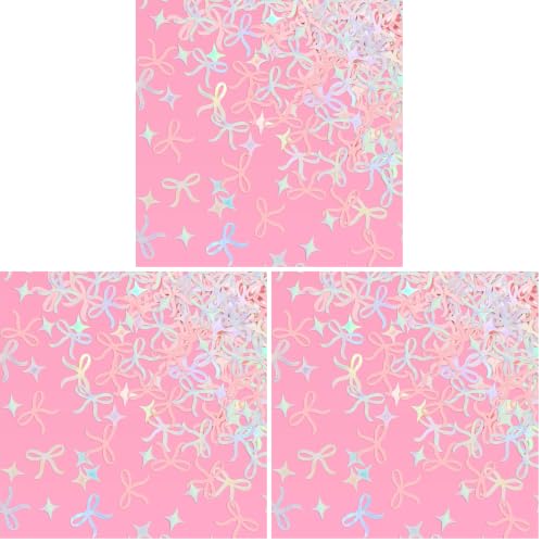 Image of xo, Fetti Bow Confetti - 200 pc | Bachelorette Party Pink and Iridescent, Engagement Party Decoration, Tying the Knot Table Decor, Bride To Be Coquette Ribbon Bridal Shower Supplies (Pack of 3)