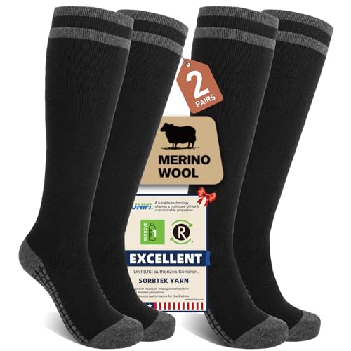SONORAN 2 Pairs Merino Wool Compression Socks for Men Women, Knee High Winter Thermal Thick Warm for Cold Weather Christmas Gift L/XL Black