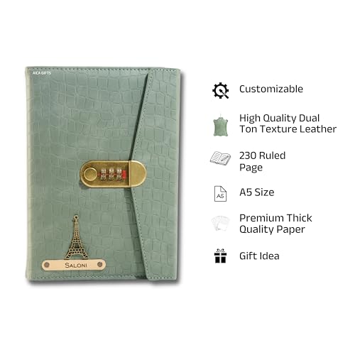 Image of AICA Personalized Name & Charm Lock Leather Diary A5-230 Pages with Locked Password Combination | Customized Daily Journal Notes Gift for Men Women Corporates Boss Staff Manager Colleagues (MintGreen)