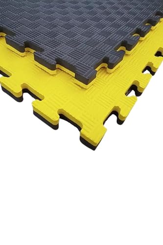 Fitness Tech Tatami Puzzle de Goma SBR, 100x100x4 cm, Suelo Deportivo Antideslizante, Alta Densidad 80 kg/m³, para MMA, Judo, Artes Marciales, Gimnasios (Negro/Amarillo, Set 10)