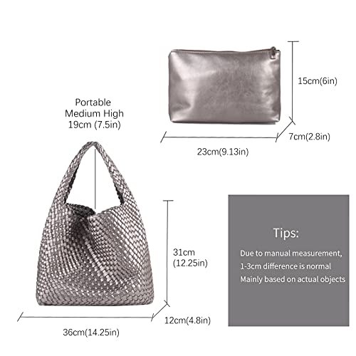 Image of Woven Tote Bag For Women, Large Vegan Leather Travel Handbag, Casual Work Shoulder Bag, Underarm Commuter Hobo Bag With Purse