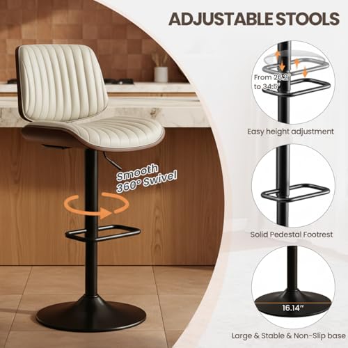 Image of MALOL Bar Stools Set of 6, Adjustable Counter Height Bar Chairs 26 inch-34.5 inch with Swivel & Footrest, Modern Faux Leather Barstools for Kitchen Island, Dining Room,Pub,Beige