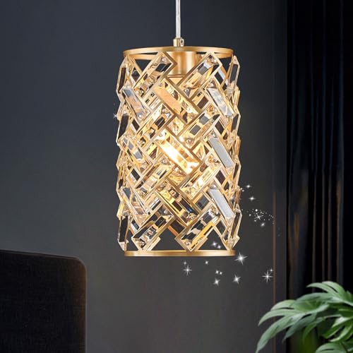 CATINER 1-Light Gold Crystal Pendant Light, Mini Ceiling Hanging
