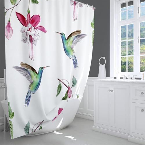 LIVETTY Birds Shower Curtain White 180 x 180 cm Bathroom Shower Curtains Floral Polyester Fabric Bath Curtains with 12 Hooks Washable Quick-Drying - Image 2