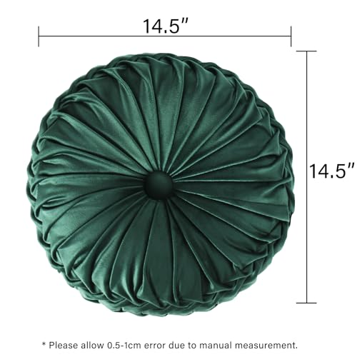 Image of HIG Set of 2 Decorative Round Pleated Throw Pillows, Classy Accent Pumpkin Throw Pillows with Center Button, Vintage Velvet Floor Pillows for Sofa Vanity Chair Bed, Emerald, 14.5 inch Diameter(Ripple)