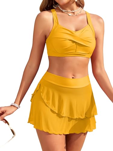 Swim Suits for Women 2025 high Waisted Bikini Swim Skirt Sets Retro Lace Up Two Piece Swimsuit Yellow M Swim Suits for Women 2025 high Waisted Bikini Swim Skirt Sets Retro Lace Up Two Piece Swimsuit Yellow M