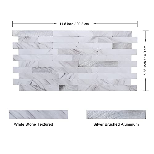 Peel And Stick Backsplash Tiles, White Stone Textured Pvc Marble Shine, 10 Tiles Of 11.5” X 5.86” (4.68 Sq Ft) #TOP1