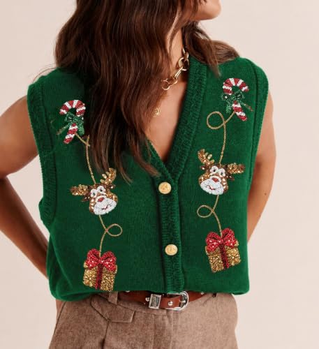 Image of Women Christmas Sweater Vests Santa Claus Sleeveless Cardigan | Women Christmas Sequin Sweater Vests, Button Down, Gingerbread Man Print, Christmas Holiday Tank Top
