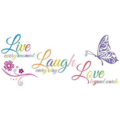 Live Love Laugh Wall Sticker Motivational Decals,Family Inspirational Wall Sticker Quotes Decor,Vinyl Butterfly Flower Word Murals for Living Room Bedroom Kitchen Decoration (18x39, Multicolor)