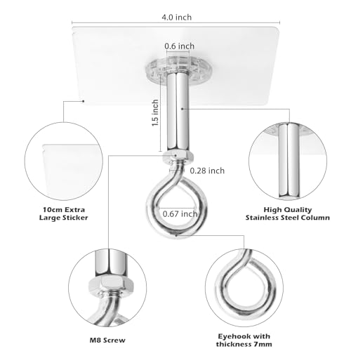 Adhesive Ceiling Hooks 4 Pack, Hold 25lbs, Extra Heavy Duty for Hanging Plants, Adhesive Stick On Outdoor Ceiling Hanger, No Drill & No Screw Stainless Steel Sticky Eyes Hooks